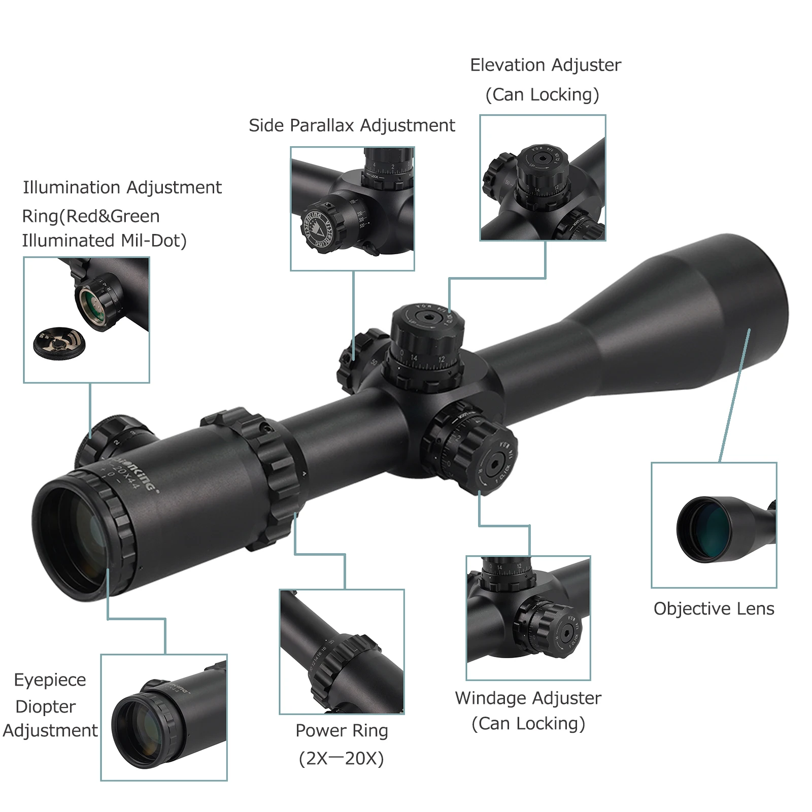 Visionking 2-20x44 Turret Lock Tactical Scope Big Caliber Riflescope for AR15 AK 308 W/ 21mm Mounts Sniper Hunting Optic Sight