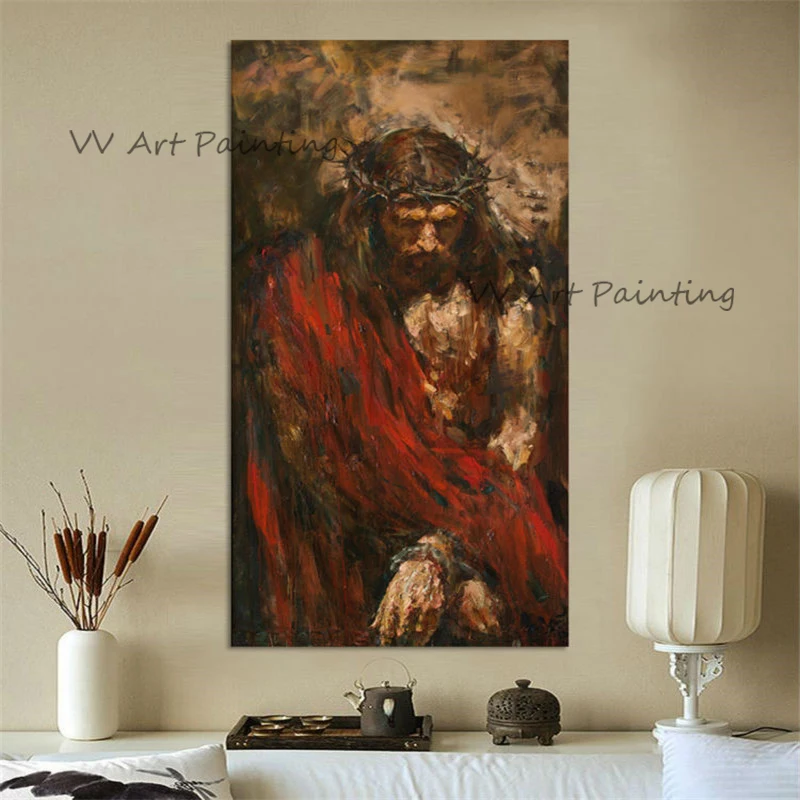 Red Robe Sacred Figure Canvas Painting, 100% Handpainted Textured Religious Graphic Art, Unframed Bedroom Wall Picture