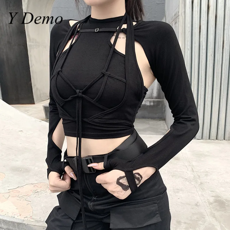 Y Demo Techwear Hollow Out T-shirt Women Patchwork O Neck Lace Up Holes Harajuku Tee 2021 Summer Casual Tops