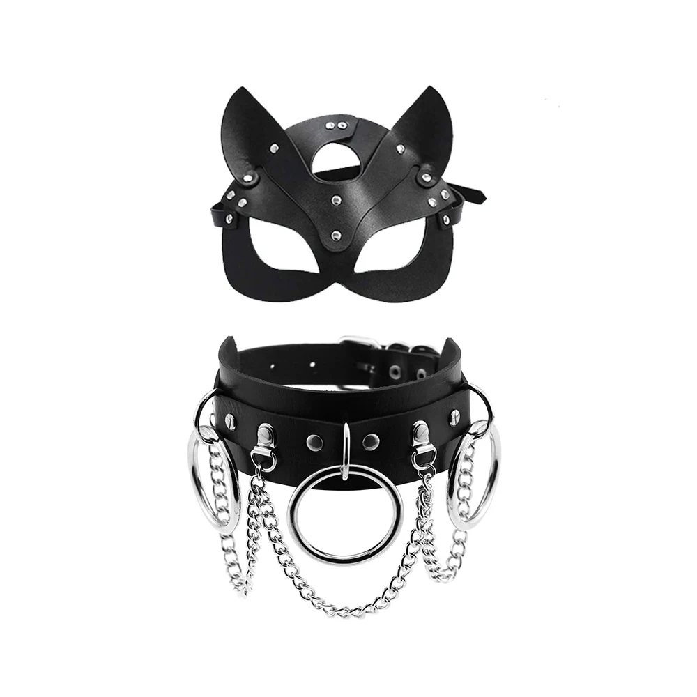 New Leather Mask Women Cosplay Cat Bdsm Fetish Halloween Masquerade gothic Masks punk Sexy Necklace Erotic Accessories