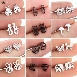 Small Stainless Steel Animal Stud Earrings for Women Men Cute Cat Hand Elephant Butterfly Earings Jewelry Bee Pendientes Gifts