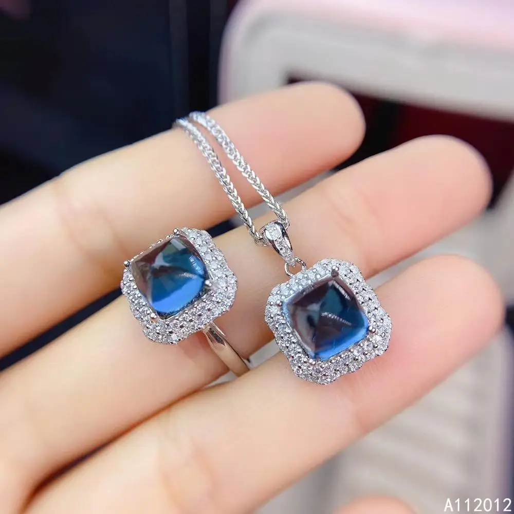 

KJJEAXCMY fine jewelry natural blue topaz 925 sterling silver vintage girl new pendant necklace ring set support test