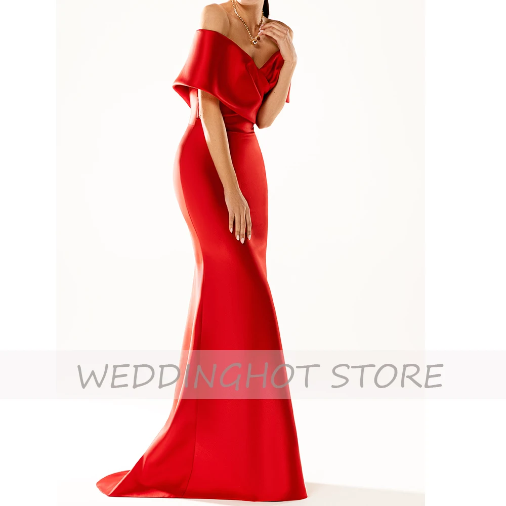 Red Mermaid Evening Dresses Long Luxury 2023 Women Satin Elegant Detachable Train Prom Gowns V-Neck Celebrity Robes De Soirée