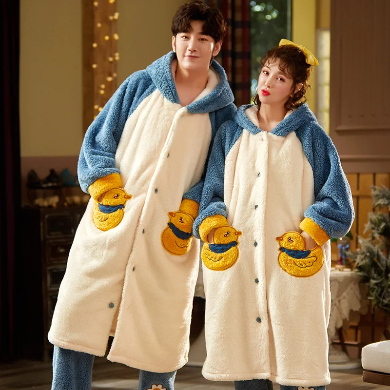 

Winter Thick Warm Couple Coral Fleece Pajamas Cartoon Long Sleeve Hooded Robe Sleepwear Suit Casual Soft Lovers Pijama