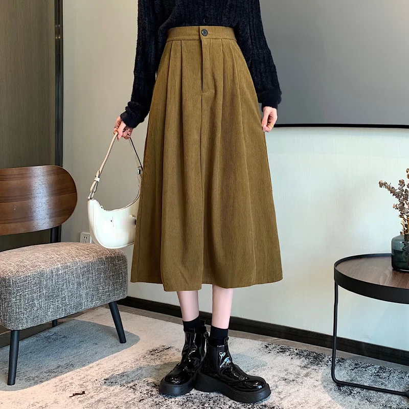 New Vintage Corduroy Pleated Skirt Women Thick Autumn Winter Skirt Korean Fashion High Waist Velvet Mid Long A-Line Skirt Female