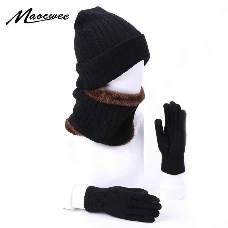 Knitted Winter Hat Scarf Gloves Set With Lining Women Men Thick Warm Outdoor Beanies Hat Touch Screen Gloves Soft Ring Scarf Set