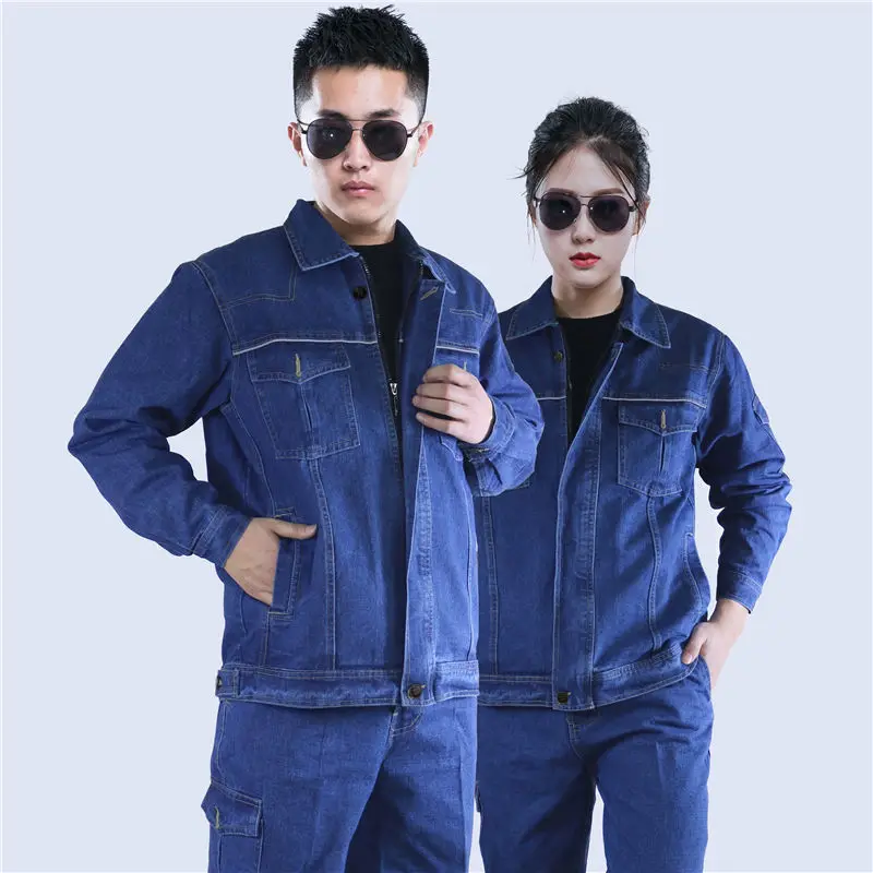 Welding clothing set for men women denim worker uniform long sleeves reflective Machine welder repairmen factory work coveralls