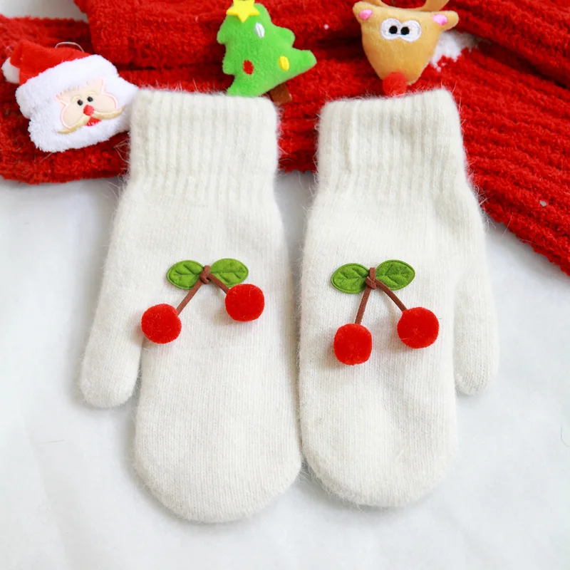 Women Winter Keep Warm Plus Velvet Thicken Knitting Wool Gloves Cycling Drive Cute Lovely Sweety Cherry Ball Soft Mittens