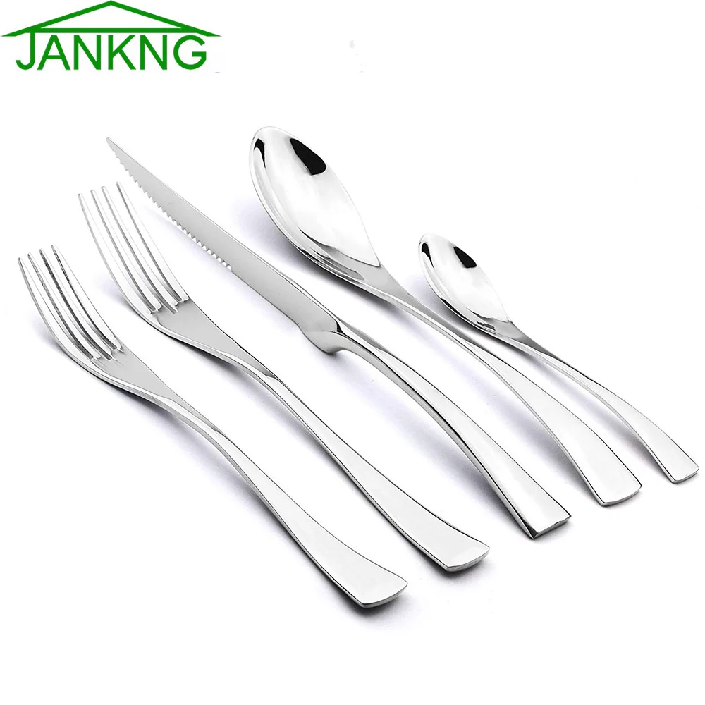 5-Pcs Silver Flatware Set 18/10 Stainless Steel Gold Dinnerware Serrated Knife Fork Spoon Cutlery Food Tableware Dropship