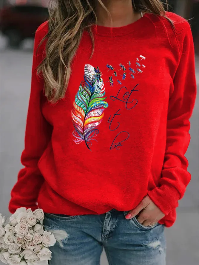 Feather Let It Be Printed Hoodies Women Fleece Long Sleeve O Neck Loose Sweatshirt Girls Women Hoodie Pullovers   Winter