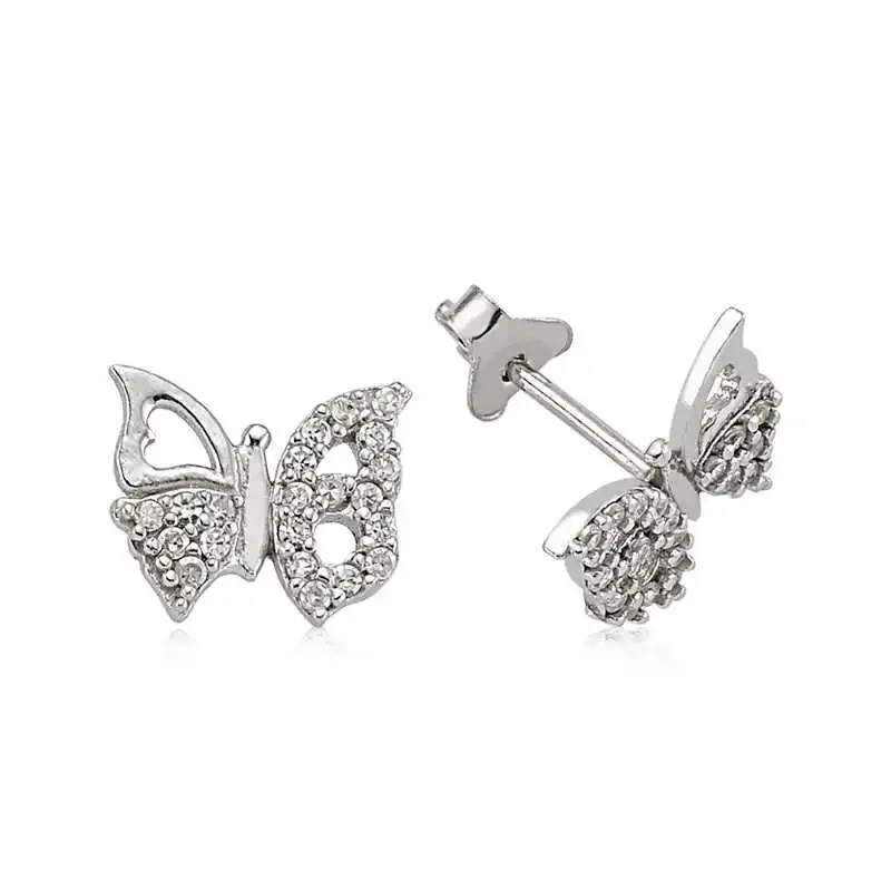 Silver Studded Butterfly Earrings Zircon Stone 925 Sterling Women for Jewelry Wedding Party Birthday Gift - Box - Fashion - Girl - Special Days