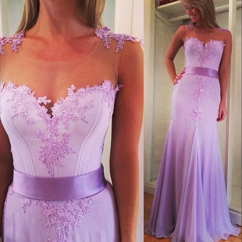 Custom made elegant A line Sexy see through beautiful lace appliques lavender formal party prom gown 2018 bridesmaid dresses