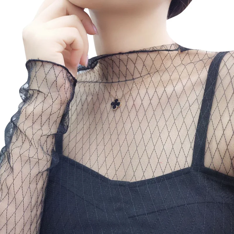 Sexy Mesh Transparent Blouses Tops Clothing Unlined Upper Garment Long Sleeve  Net Build Korean Fashion Jacket ds50