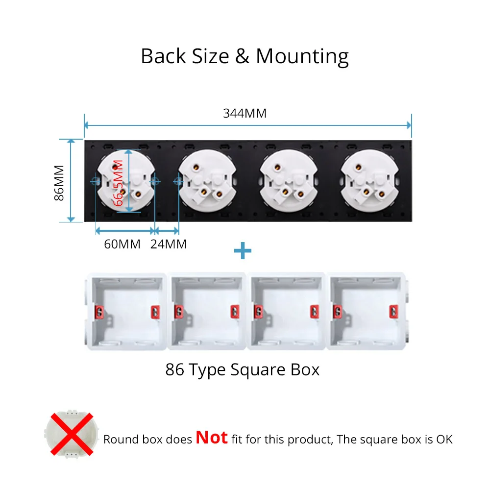 4 Way French Wall Socket, Tempered Glass Panel 344*86mm, Grey, Standard Grounding, Wallpad L6