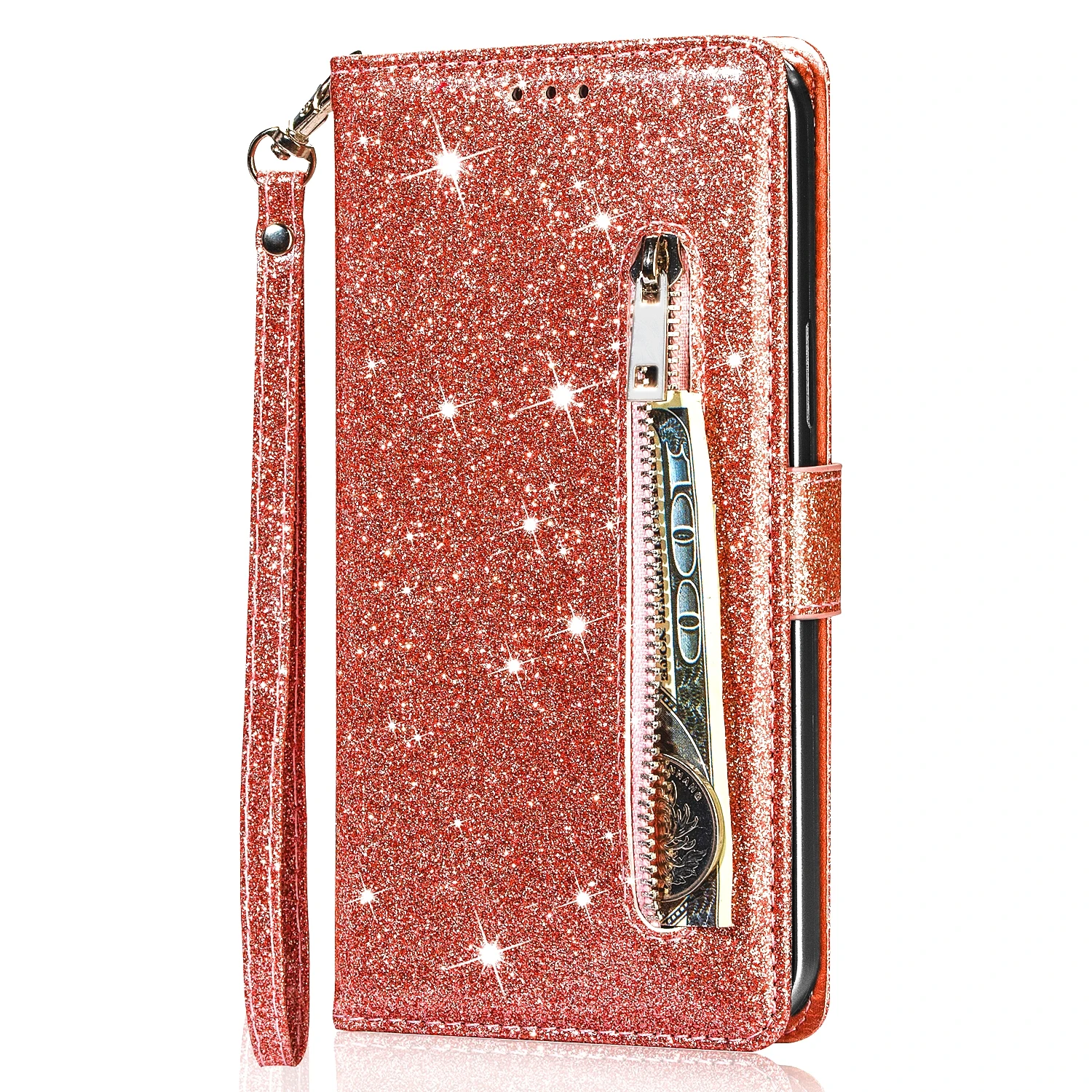 Reißverschluss-Flip-Brieftaschen-Hülle aus Glitzerleder für iPhone 18 17 16 15 14 13 12 11 Pro Max XS XR 8 7 Plus SE 16E Mini Bling Handyhülle – Detail 13