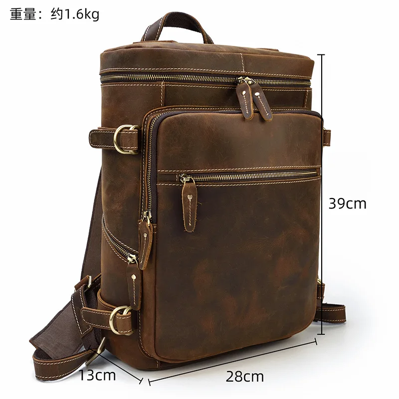 Men's Vintage Leather Backpack Genuine Cow Leather Men's Schoolbag Leather Travel Bag Leisure Backpack