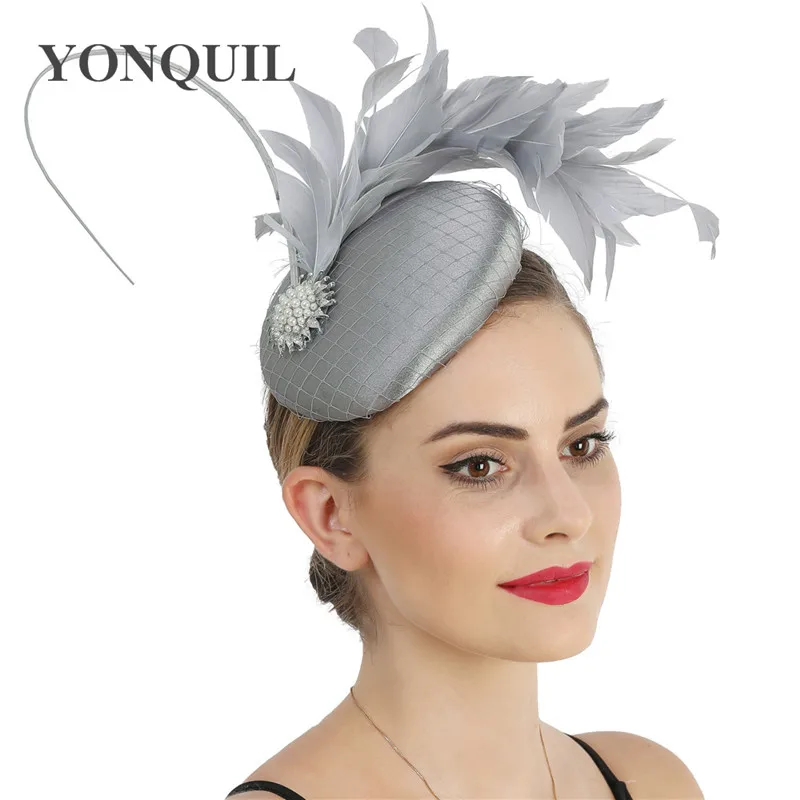 Satin Green Fashion Wedding Fascinator Hat Bridal Elegant Headpiece With Fancy Feather Hair Accessories Formal Chuch Occasion