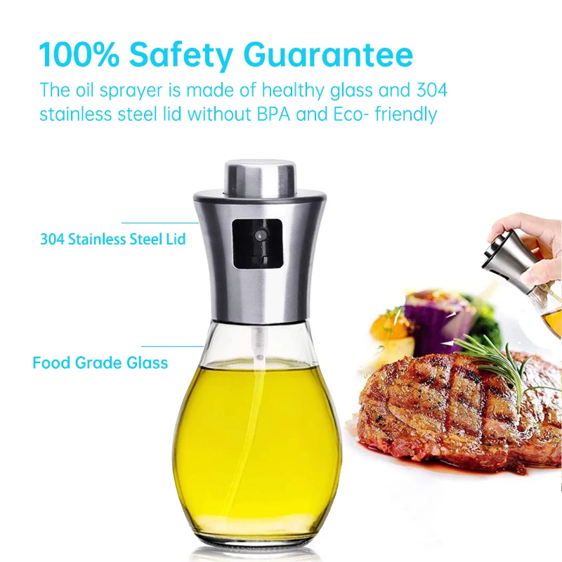 Upgraded 200ml Oil Sprayer Refillable Bottle Food-grade Glass Stainless Steel Oil and Liquid Dispenser for Cooking BBQ Grilling