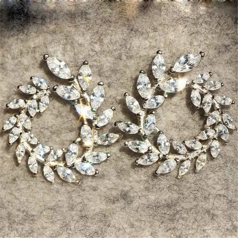 New Design Sparkly Olive Branch Leaf Shape Marquise Cut Big Cubic Zirconia Stud Earrings For Women Fine 925 silver Jewelry