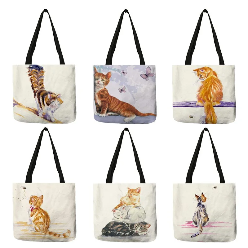 Cute Watercolor Pastoral Cat Painting Leisure Tote Bag Eco Linen Shopping Bags Reusable Fodable Outdoor Traveling Beach Handbag