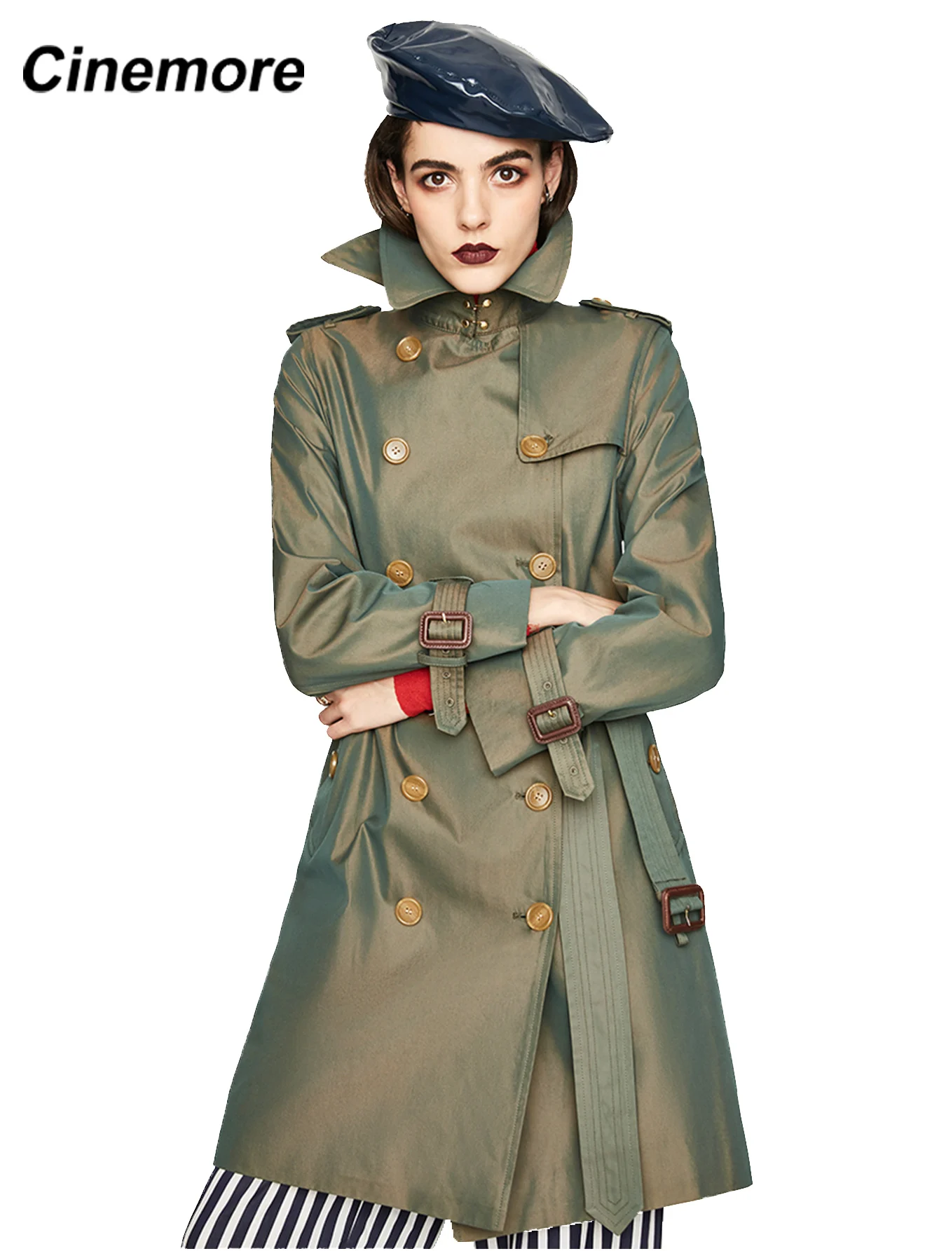 Cinemore 2021 New Spring Autumn Women's Trench Coat Top Long Classic Fashion Double Breasted Belt Lapel Collar Waterproof YA7001