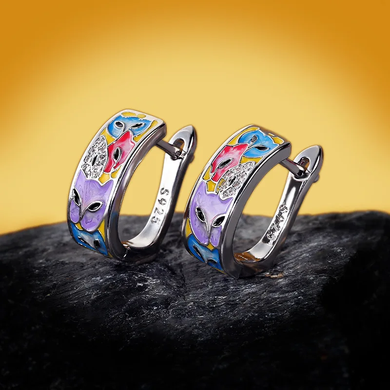 Exquisite and Unique Women\'s White Handmade Enamel Cat Earrings Colorful Cat Creative Earrings Jewelry Women 925 Silver Earrings
