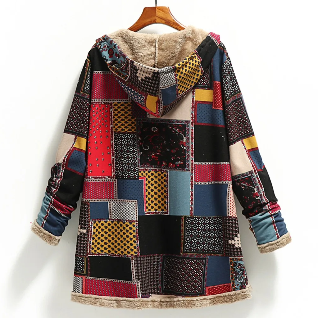 Winter Women\'s Hooded Coat Pocket Cashmere Thick Patchwork Female Jacket Retro Long Sleeve Loose Cotton Linen Printed Lady Coat