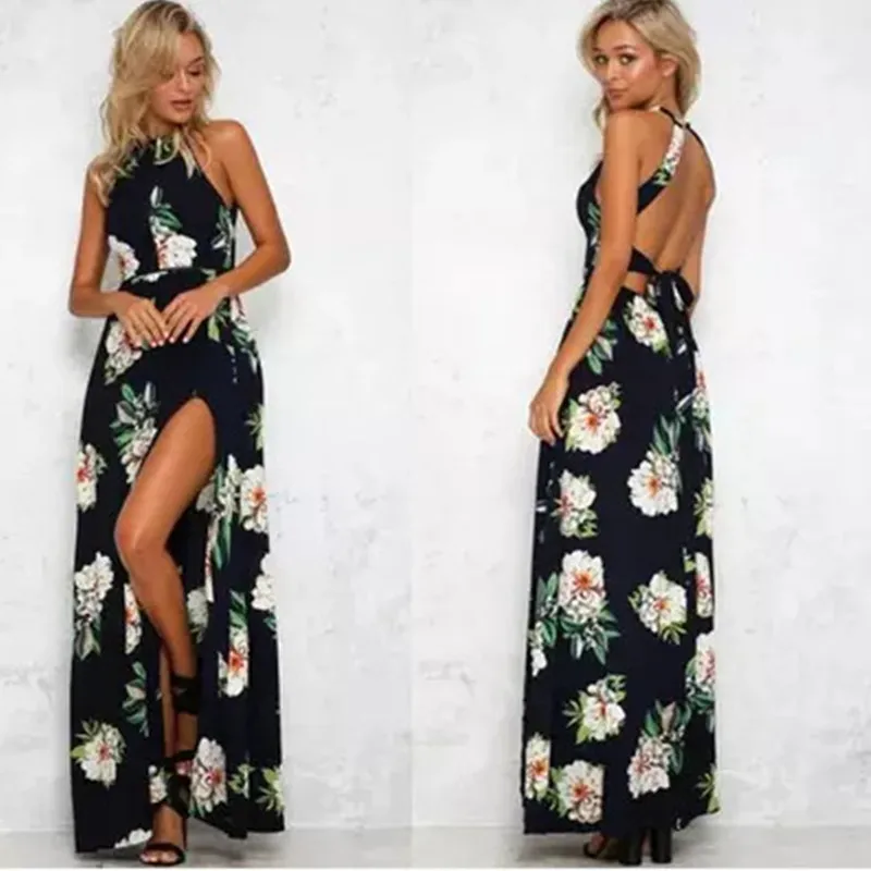 New Floral Print Halter Chiffon Long Dress Women Open-back Summer Maxi Dresses Vestidos Sexy 3 Colors Femme Split Beach Gowns