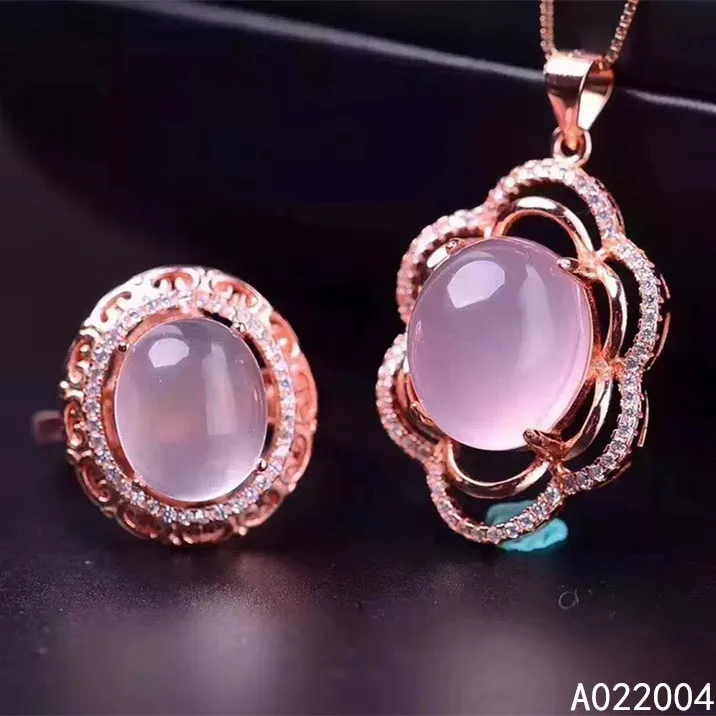 

KJJEAXCMY Fine Jewelry 925 sterling silver inlaid natural Rose Quartz female ring pendant set lovely Support detection