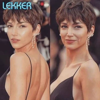 Lekker Short Straight Pixie Bob Human Hair Wig With Bangs For Women Colored Brazilian Remy Natural Hair Ombre Brown Burg Red Wig