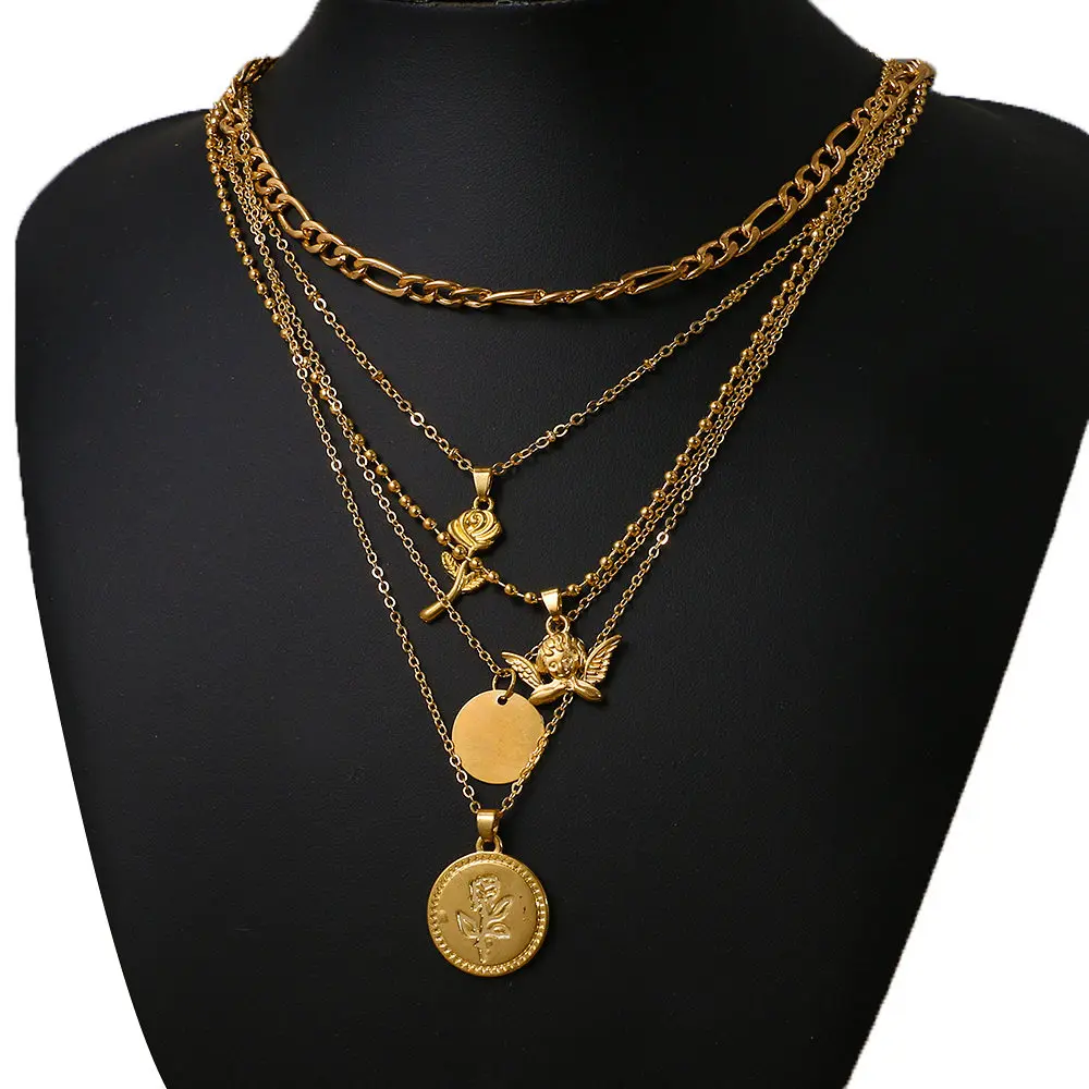 KISS WIFE Vintage Multilayer Golden Chain Necklace For Women Coin Angel Rose Flower Pendant Necklace Fashion Jewelry On The Neck