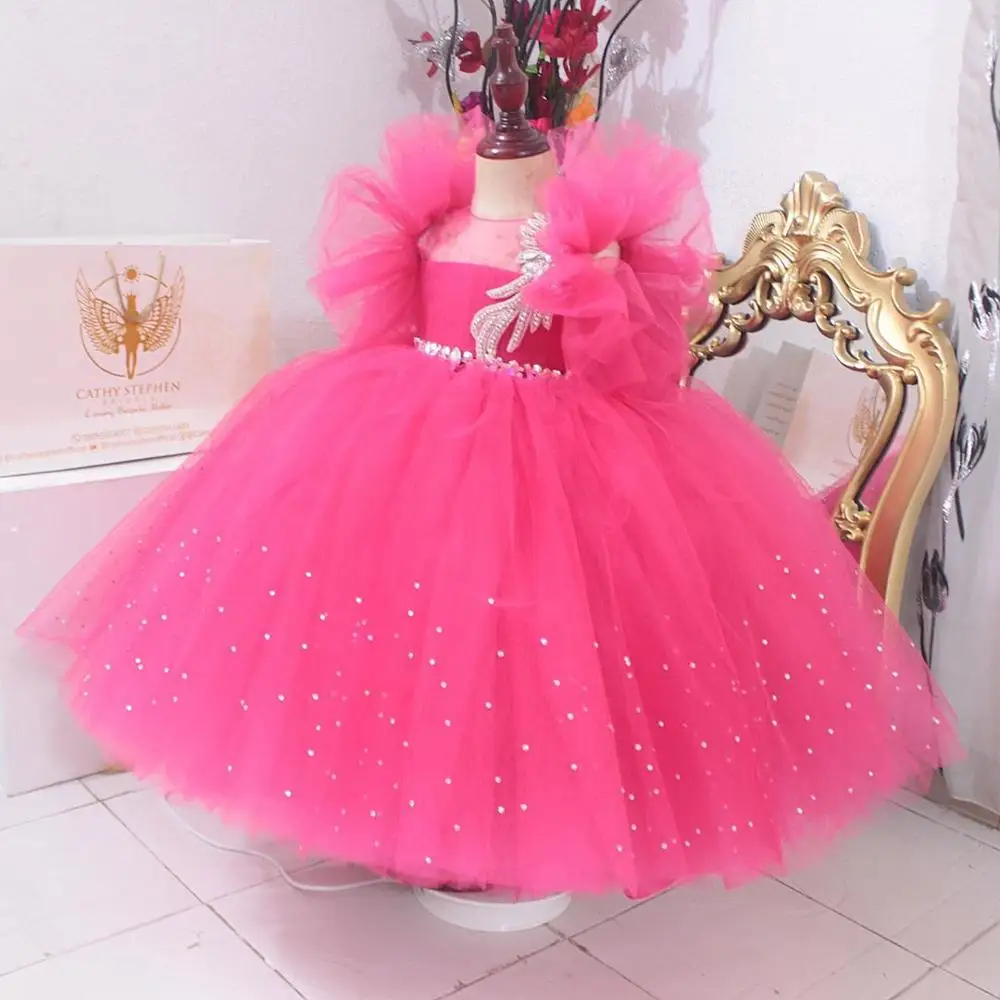 

Fancy Puffy Fuchsia Crystal Bead Pageant Dresses for Girls Long Kids Ball Gowns Vestido de Tulle Flower Girl Dresses for Wedding