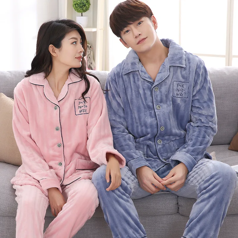 Coral fleece couple pajamas men and women winter thick long sleeve simple and comfortable warm flannel home service suit