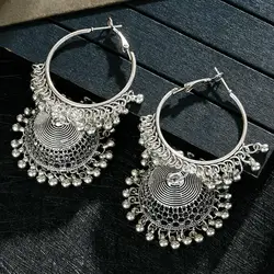 Vintage Silver Color Round Alloy Bollywood Oxidized Earrings For Women Kolczyki Ethnic Tassel Jhumka Earrings Gift