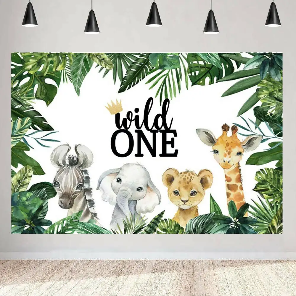 Animal Jungle Safari Wild One Photo Backdrop Happy Birthday Party Baby Shower Photography Background Booth Prop Decor Banner