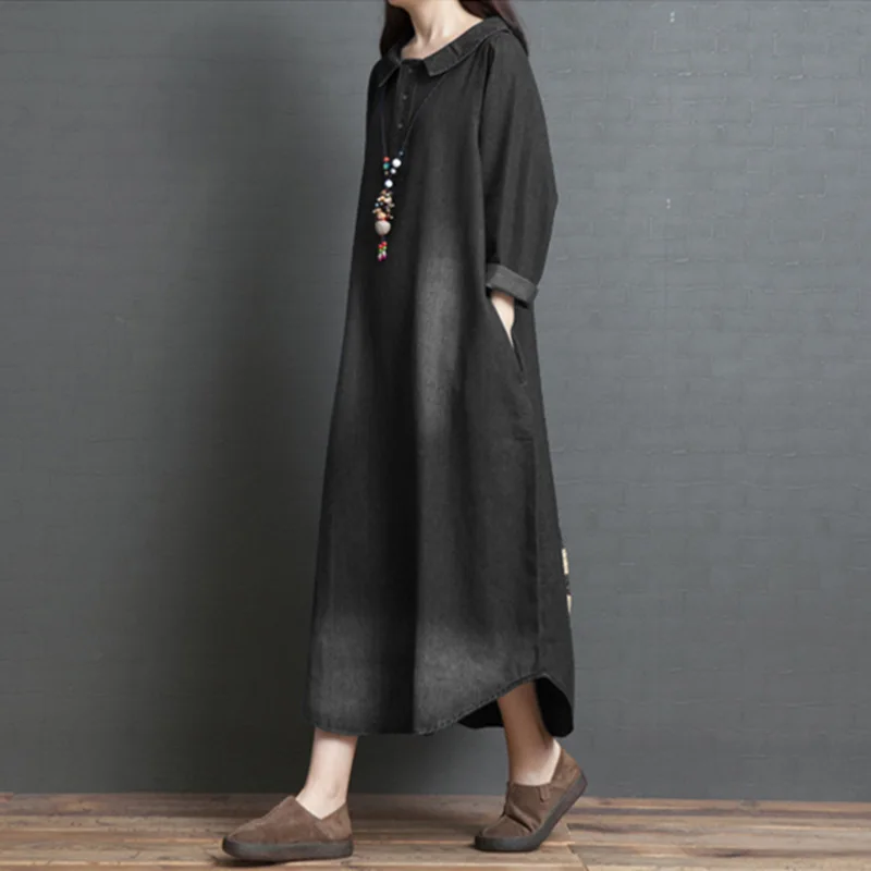 Pregnant woman autumn spring New Denim Long Dress 2021 Loose Turn-down collar Long Sleeve Cotton Blue Maternity Dress