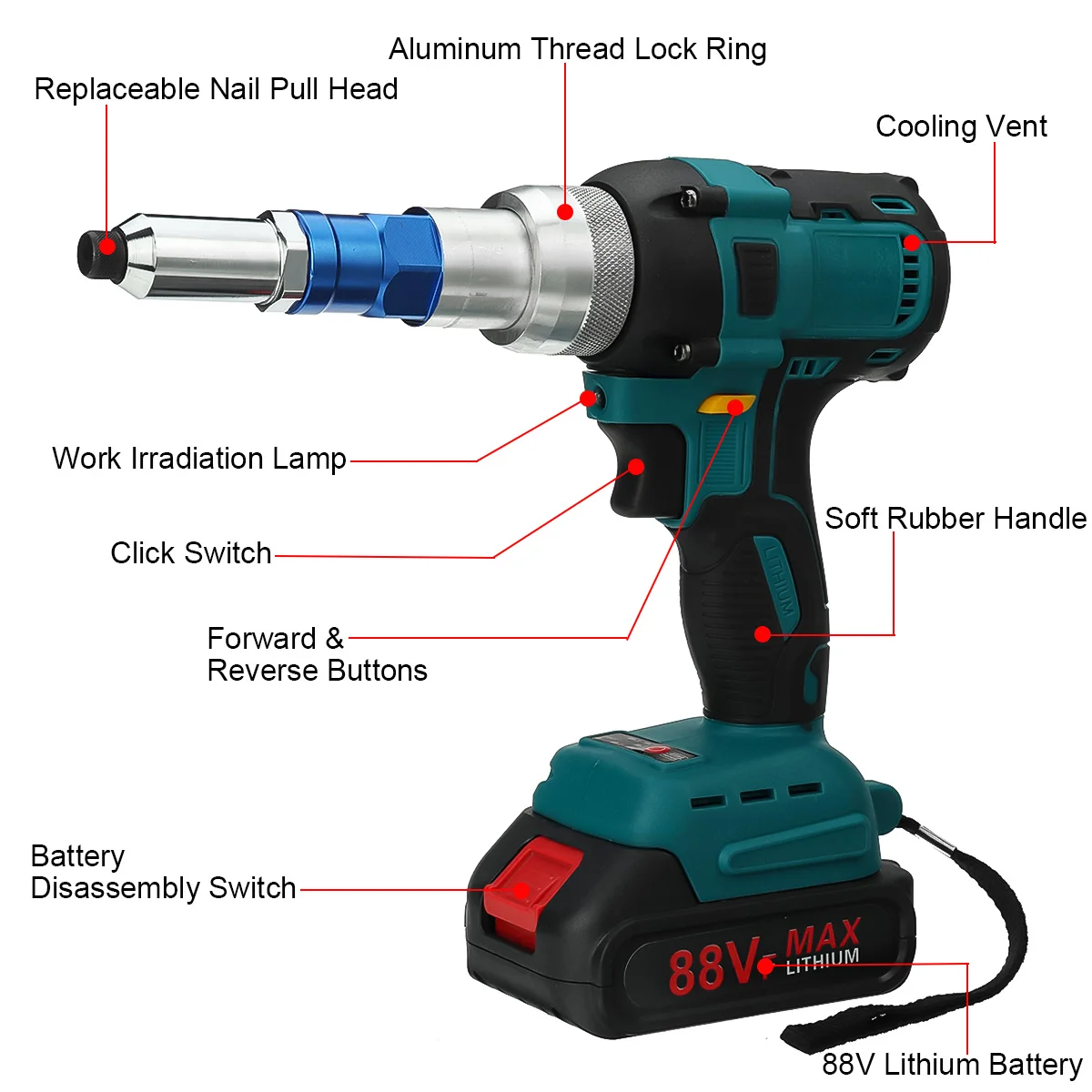 88VF Brushless Electric Rivet Gun Cordless Rivet Nut Gun 3~5.0mm Drill Insert Automatic Riveting Tool For Makita Battery 18V