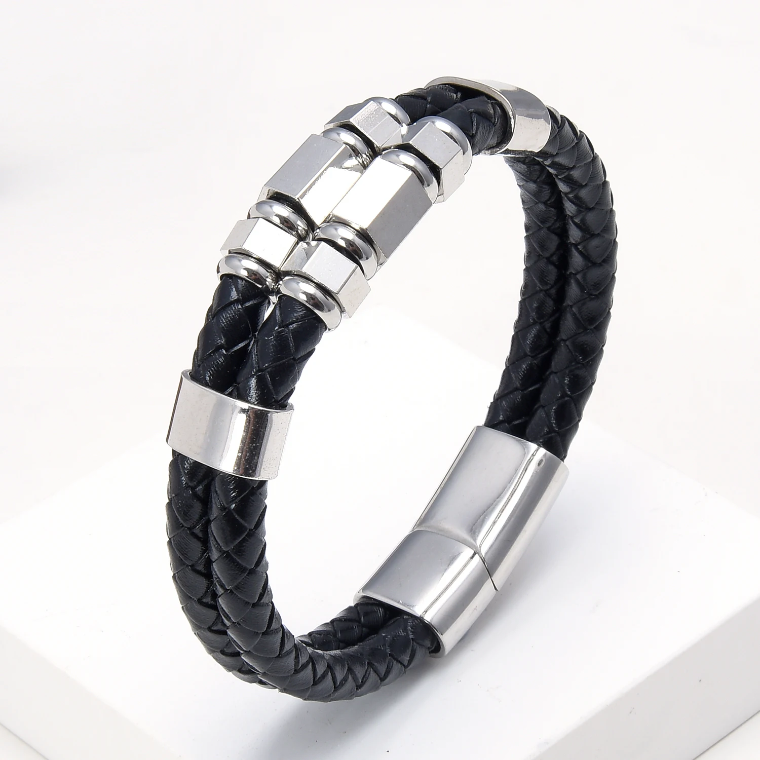 Gioielli moda uomo multistrato bracciali in vera pelle braccialetti geometrici in acciaio inossidabile braccialetto con ciondoli regali da uomo