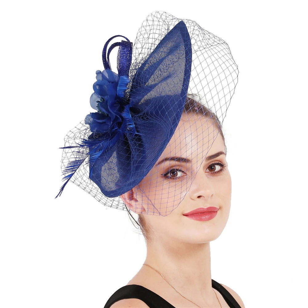 Mingli Tengda Royal Blue Bride Gauze Headwear Mysterious Cover Noodles Feather Hair Decorate Formal Hat Wedding Accessories