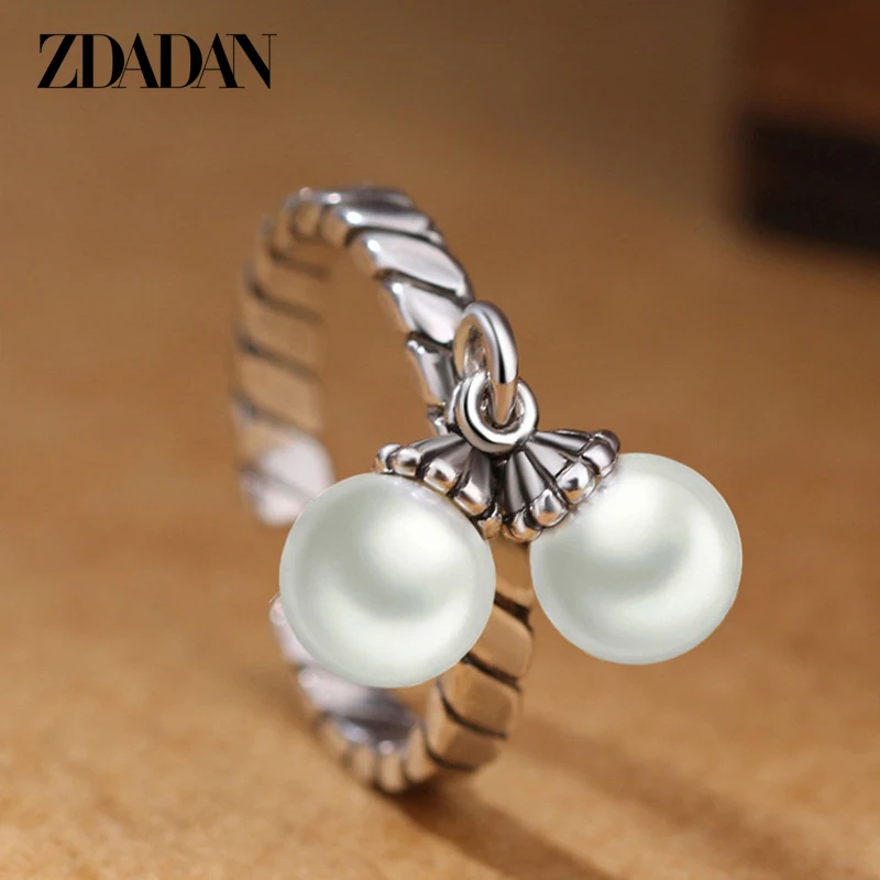 

ZDADAN 925 Sterling Silver Open Adjustable Double Pearl Thai Silver Ring For Women Wedding Jewelry