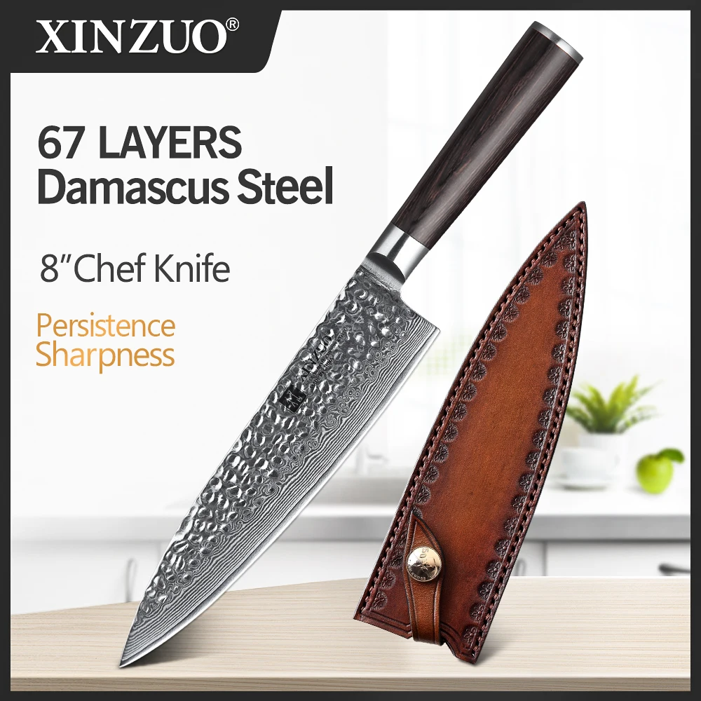 

XINZUO 8" Inch Chef Knife VG10 Damascus Steel Kitchen Cutlery Stainless Steel Santoku Butcher Gyuto Knives Pakkawood Handle