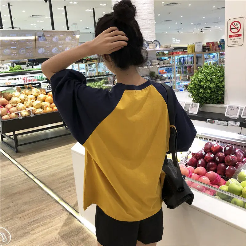 T-shirt Women Short Sleeve Casual Patchwork Loose Oversize O-neck Korean Style Simple Vintage Tees Harajuku Female Clothing New