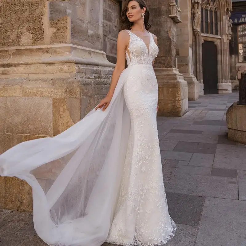 

High-End V-Neck Detachable Train Embroidery Appliques Tulle Mermaid Wedding Dress Elegant Backless Sleeveless 2 in 1 Bridal Gown