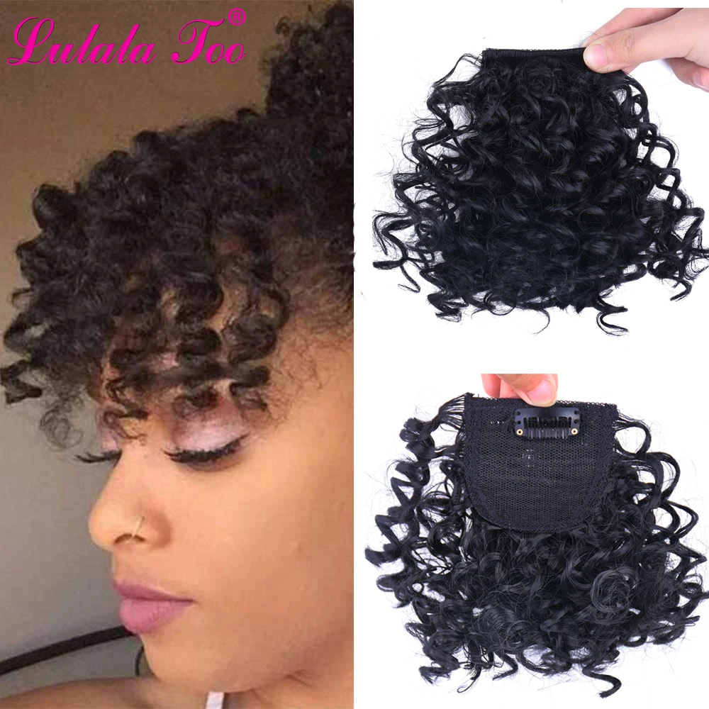 Flequillo rizado Afro para mujer, Clips de flecos falsos, cierre de peluca, extensión de cabello Natural sintético negro