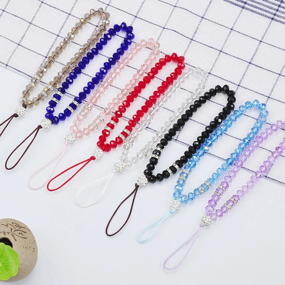 Trendy Beads Chain Mobile Phone Lanyard Short Cord for Key USB Crystal Bracelet Phone Case Flower Pendant Anti-lost Wrist Straps