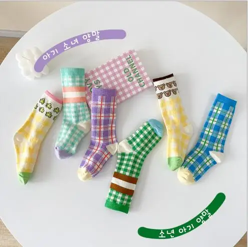 2024 autumn and winter plaid small flower baby tube socks boy girl children socks