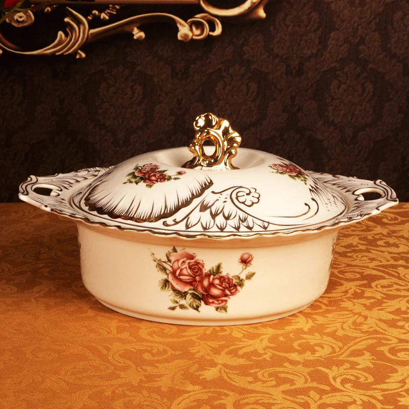 European ceramic tableware parts household bowls, plates, spoons embossed hand painted gold Korean queen rose rice bowl