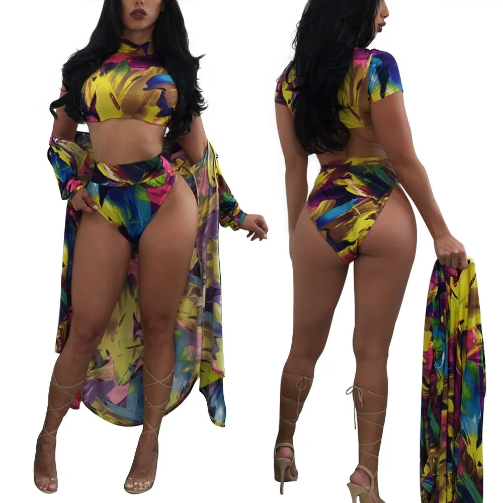 

Women Swimsuit Cover Up 3 Pcs Set Anti-sun Summer Beach High Waisted Bathing Suits Print Sexy Bikini Push Up Swimwear Plus Size