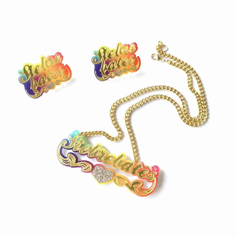 

Customize Name Letters Words With Heart BaseTrendy Rainbow Color Acrylic Stud Earrings And Necklace Fashion Jewelry Set