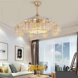 OUFULA New Ceiling Fan Light Invisible Crystal With Remote Control Modern Luxury Gold Lamp For Home